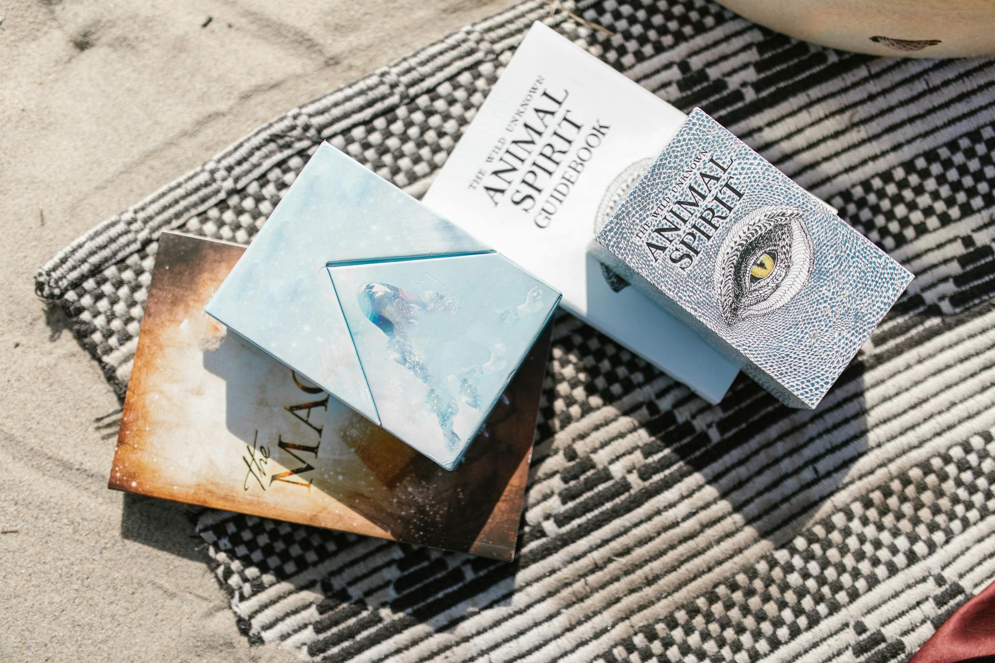 Animal spirit guidebooks placed on a patterned beach blanket in sunlight.